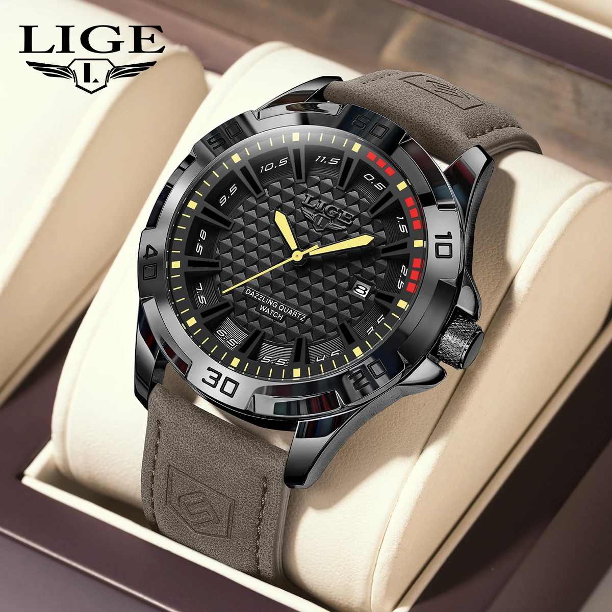 Lige marca superior de luxo moda masculina relógios quartzo pulseira couro esporte à prova dwaterproof água relógio pulso calendário relogio masculino
