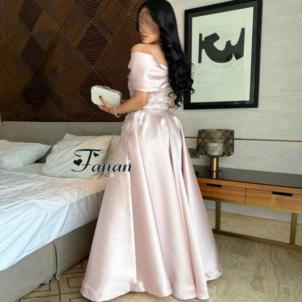 Customized Pink Jersey Flower Appliques A-line Evening Dress Off the Shoulder Floor Length Party Dress Draped Backless Prom Gown
