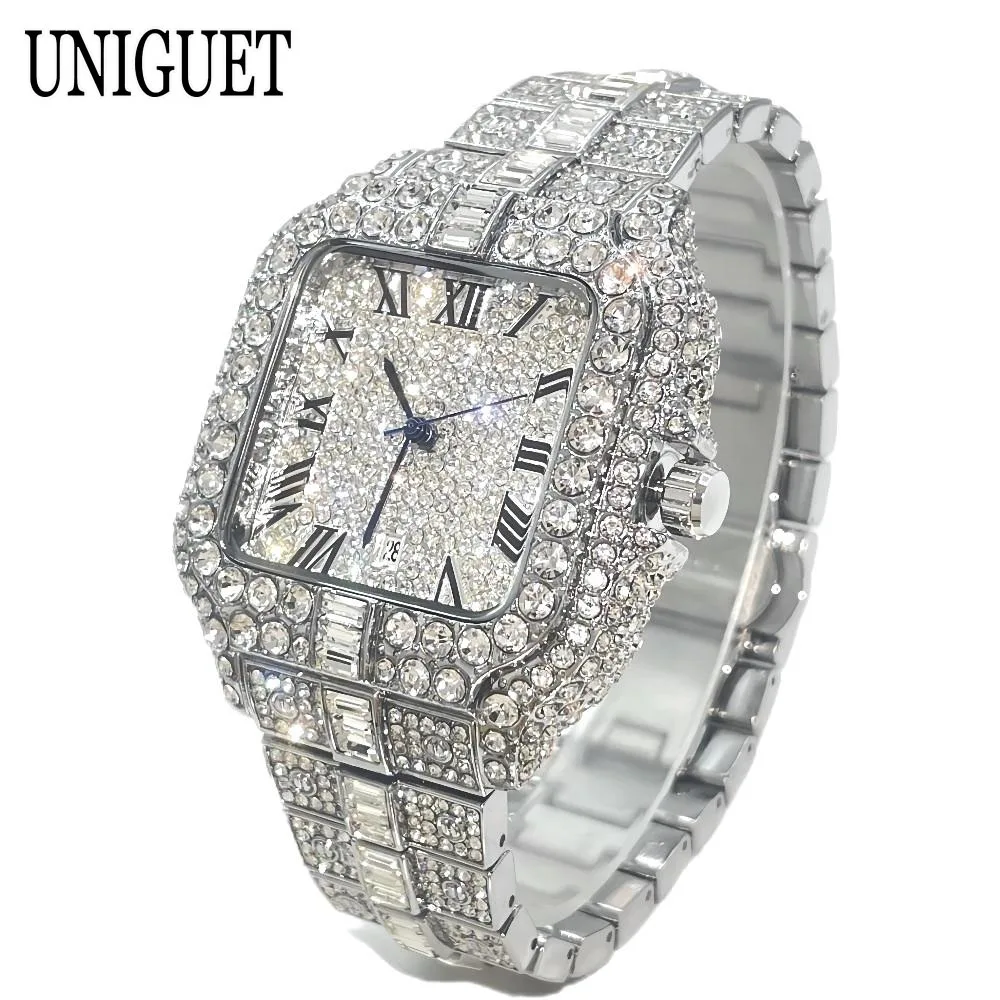 2024 New UNIGUET Iced Out Watch For Men Fashion Bling Jewelry Quartz Watches Male Hip Hop Diamond Square Wristwatch Dropshipping