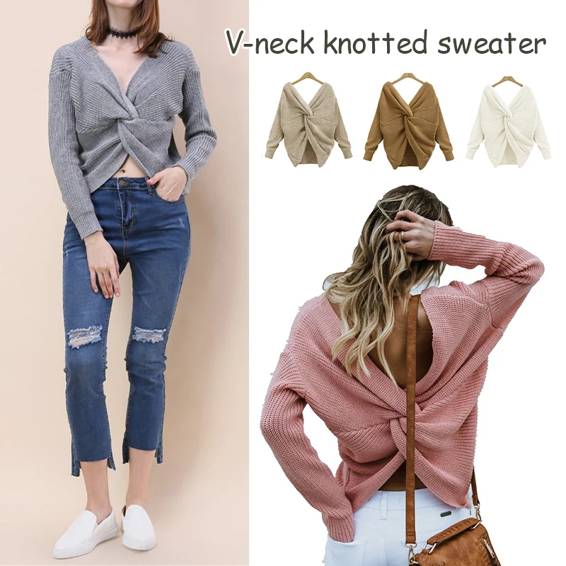 

Autumn Spring Long Sleeve Loose Knit Cropped Pullover Sweater Casual Knotted Open Navel Knitted Jumper Lightweight Sweater Women