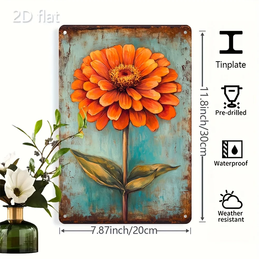 Vintage Floral Metal Sign 8x12 Inch, Rustproof Orange Violet Wall Art for Home Cafe Garage
