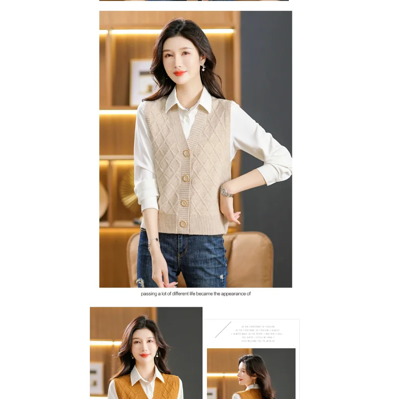 เสื้อกั๊กถักนิตติ้งสำหรับผู้หญิง แฟชั่นใหม่ล่าสุด เสื้อคลุมแบบเวสต์อเนกประสงค์ เสื้อสเวตเตอร์แบบไม่มีแขน