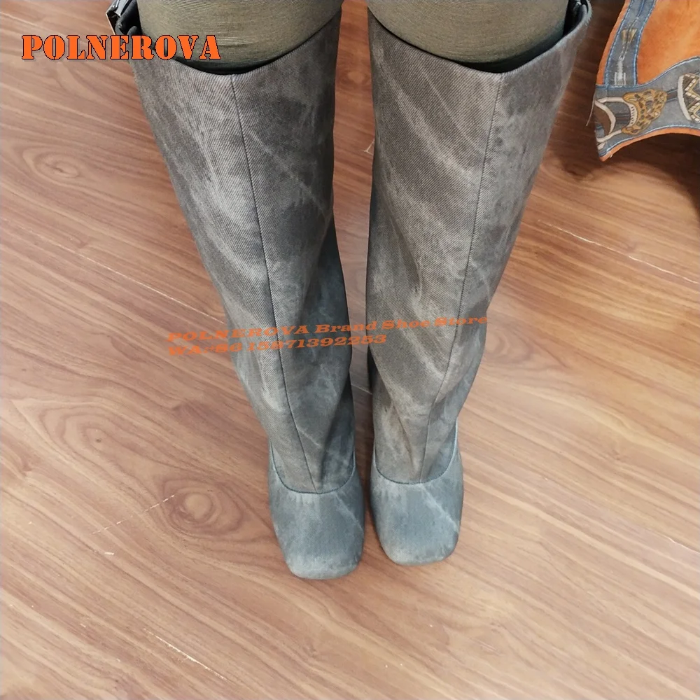 Square Toe Chunky Heel Metal Buckle Fashion Boots Pull On Splicing Solid Street Style Casual Women Knee High Boots 2024 Newest