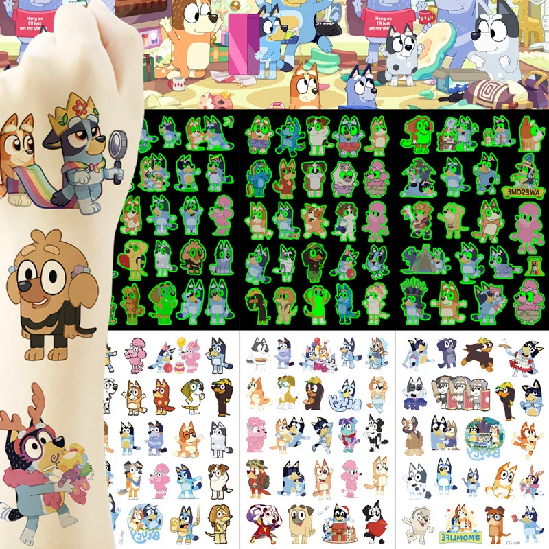 1 قطعة جديد مضيئة الكرتون Bluey الأسرة المؤقتة الوشم ملصق الذراع الوجه وهمية الوشم ملصق الجسم الفن الوشم هدية حفلة