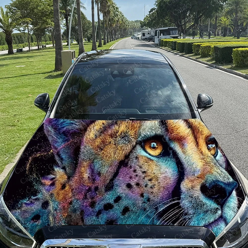 Colorful Leopard Car Hood Sticker PVC Self Waterproof Stick, Striking Auto Exterior Accessories Decor Protect Gift for Car Lover