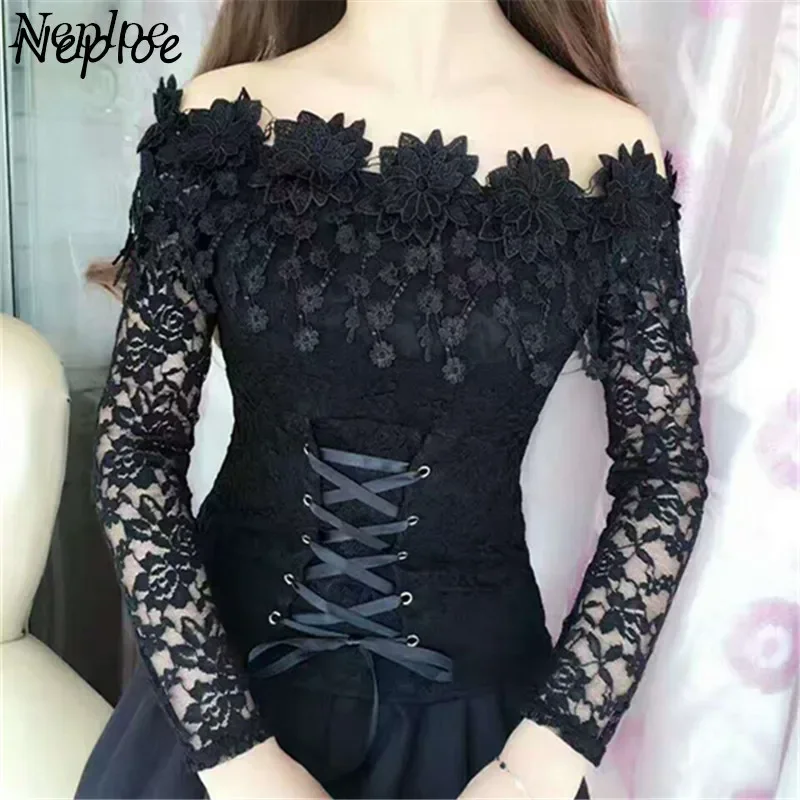 Neploe  Lace Hollow Out Blouse Korean Fashion Slash neck Slim Women Lacing Blusas Long Sleeve Elegant Shirts 67537