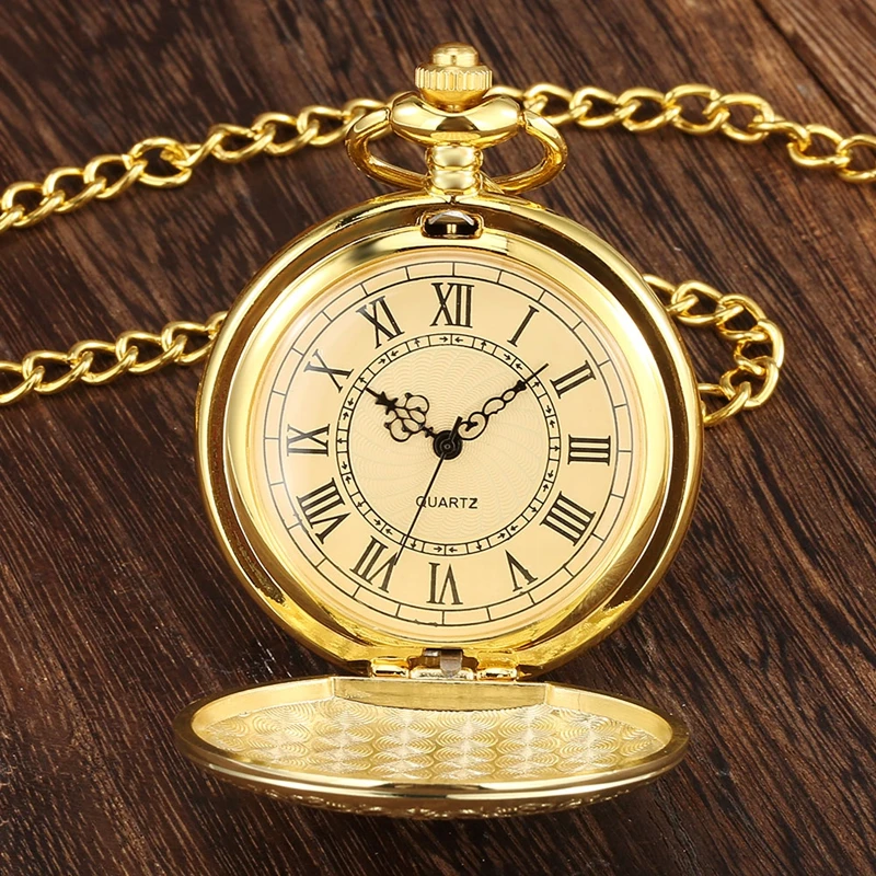 Top Luxury Gold Color Handcrafted Carved Shield Pattern Quartz Pocket Watch Chain Jewelry Watch Clock with 30cm Waist Hook Chain