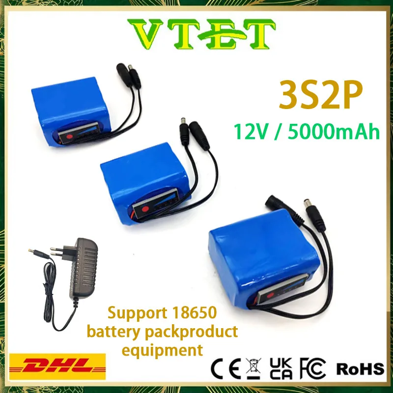 

18650 Lithium Battery Pack 3S2P 12V 5000mAh Rechargeable, with Protection Board and 12.6V 1A Charger, High-quality Battery Cells