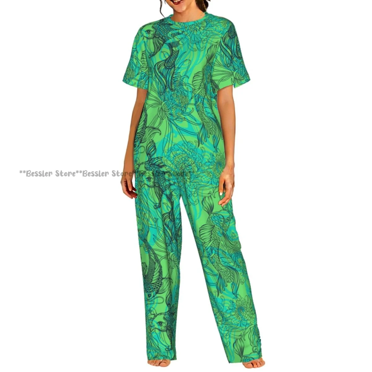 

Women's Comfort Pajamas Women's Koi Carp And Chrysanthemums Short Sleeve Set Sleepwear