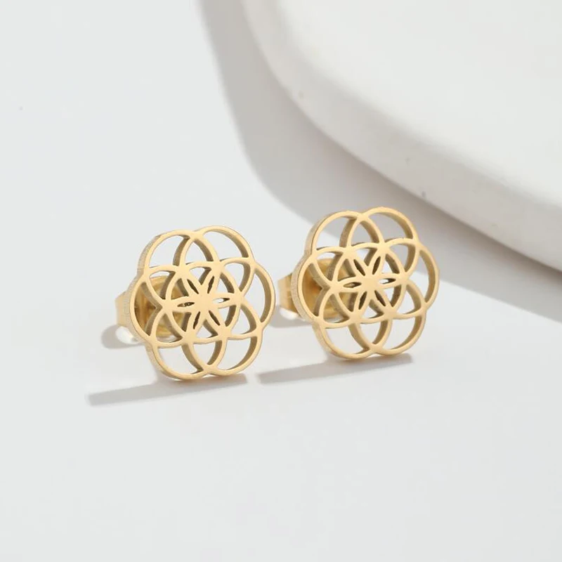 Sacred Geometry Seed Of Life Earrings Stainless Steel Hollow Flower Stud Earrings