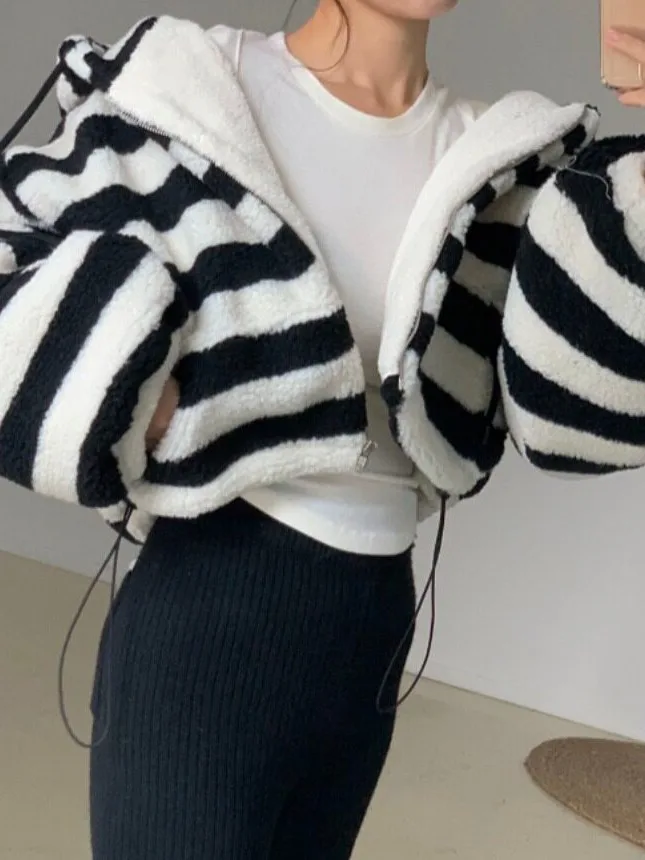Lamb Fur Hooded Striped Color Block Sweatshirt Soft Cozy Korean Style Women's Spring Autumn Winter Casual Outfit Streetwear
