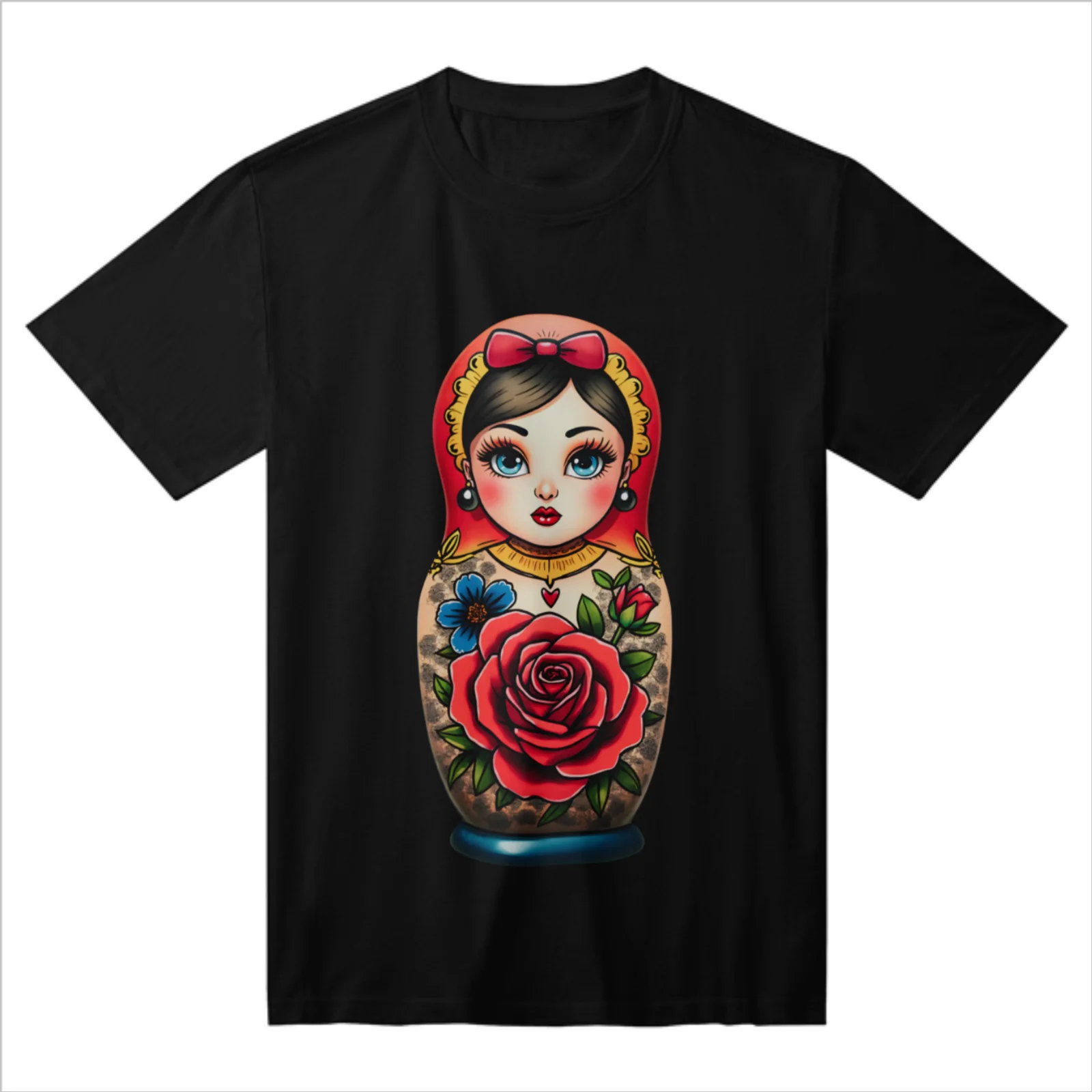 Matryoshka Doll Rose Flower Tattoo Art Men'S Round Neck Short Sleeve Soft Breathable Fabric