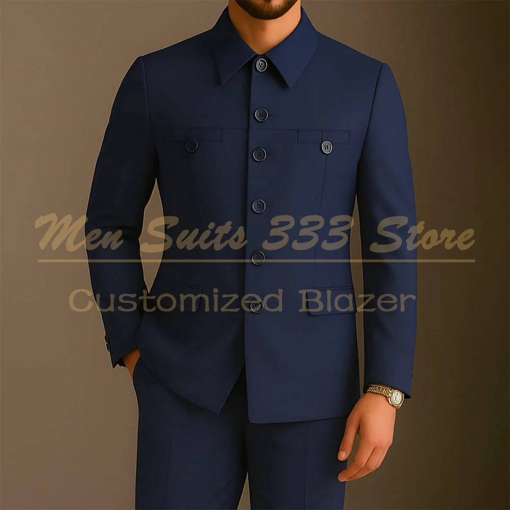

Navy Blue Safari Men's Suits High Quality Single Breasted Stand Lapel Slim Fit Blazer Luxury 2 Piece Jacket Pants Clothing 2026