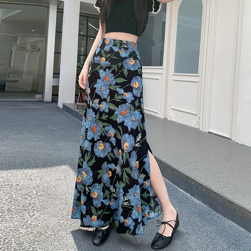 Floral Print Chiffon Split Mermaid Skirts Women High Waist Split Hem Long Maxi Skirt Bohemian Holiday Beach Summer