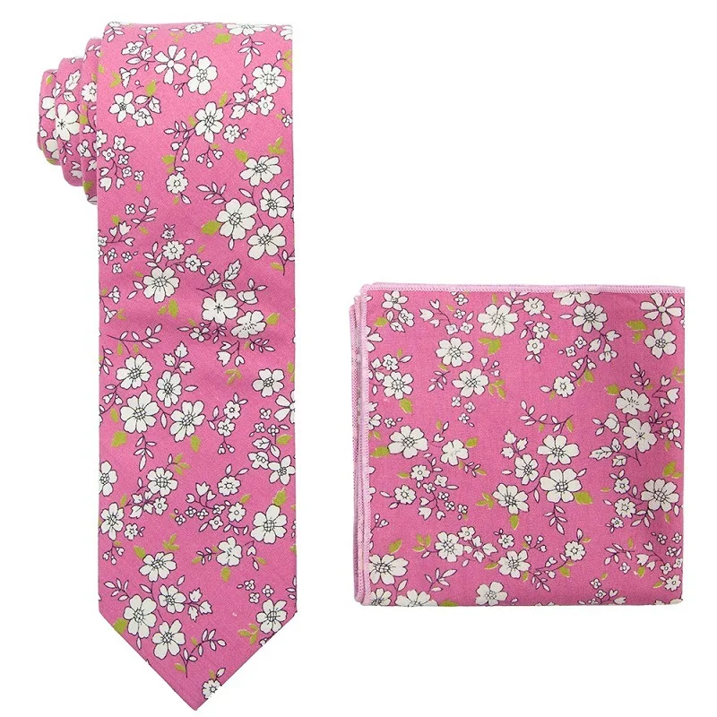 Men Tie Cotton Necktie Handkerchief Suit Flower Floral Printed Neckwear Tie Hanky Set Wedding Party 7.5CM Slim Neckcloth Scarf