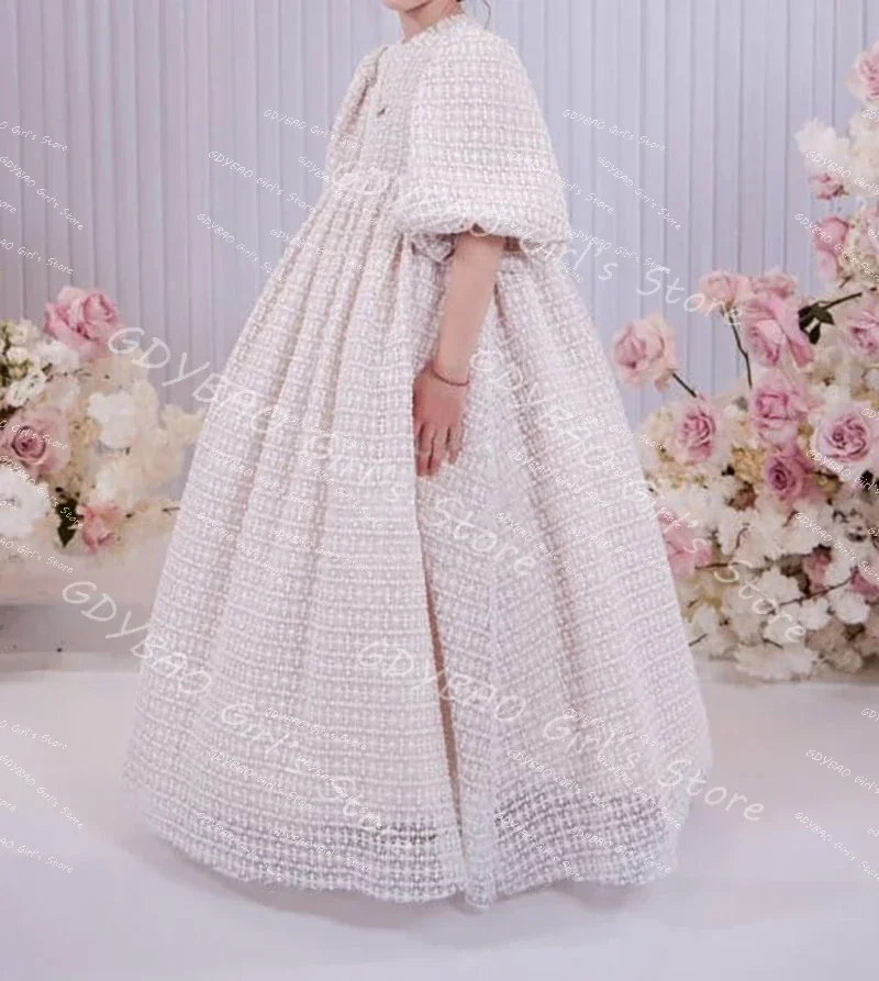 Hollow Out Lace Flower Girl Dress for Wedding Toddler Puffy Balloon Sleeve Communion Dress Custom High Waist Party Princess Gown