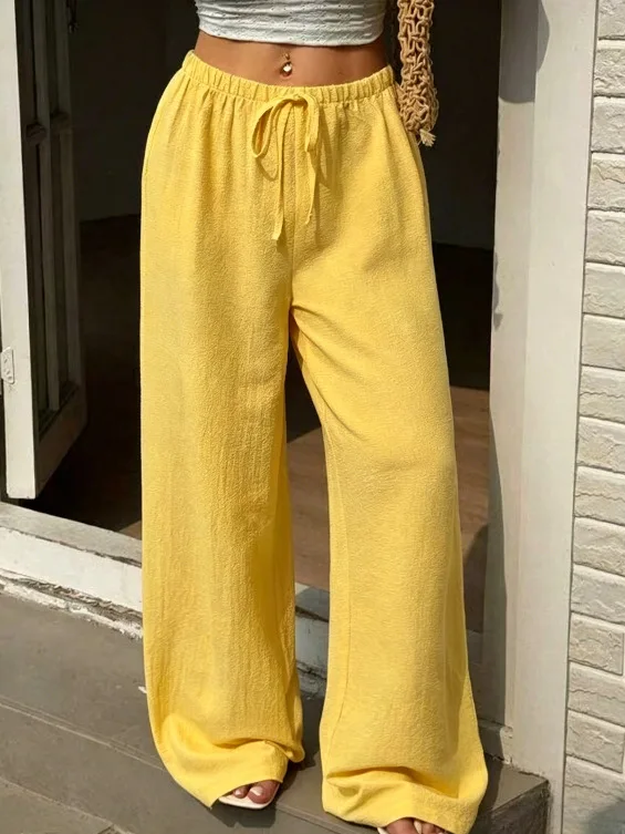2026 Spring Summer Hot Sale Solid Color Casual Loose Tie Wide Leg Pants For Women