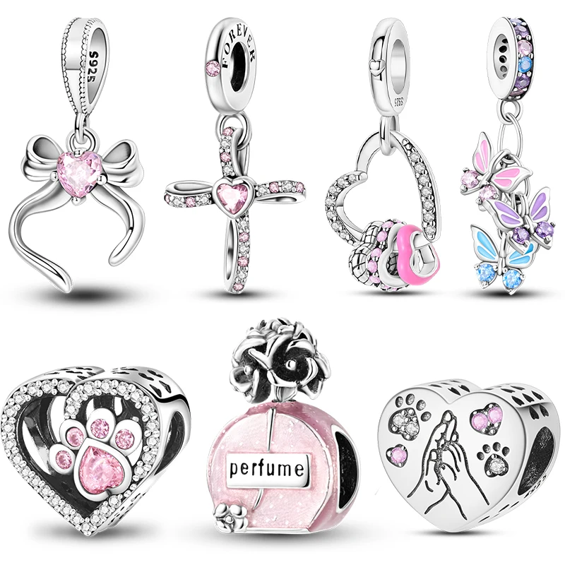 Original 925 Sterling Silver Pink Series Charms Beads Bow Perfume Bottle Heart-Shaped Cross Pendant Fit Bracelet DIY Jewelry