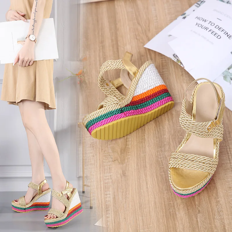 Platform Women Shoes Summer Gladiator Sandals Hemp Rainbow Wedge High Heel Shoes Women Custom Candy Color Weave Sandals WSH4564