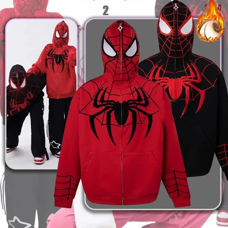 Marvels SpiderMans Zipper Hoodie Hooded Cardigan Autumn Winter Red Male Women Couple Jacket Casual Streetwear Hiphop Style Coat