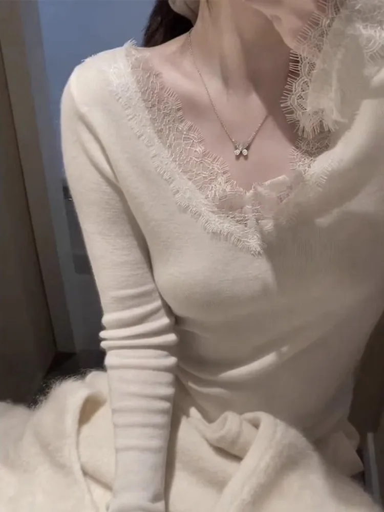 

White Lace Splice V-ne Knitted Sweater Women's Slim Fit ort Sle Autumn Winter Inner Wear Base irt Top