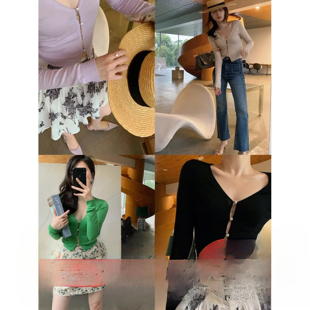 

Lowey Women's Knitted Open Cardigan Thin Soft Glowing Diamond Buckle Casual Slim Fit Cotton Blend Long Sleeve V-Neck Summer O...