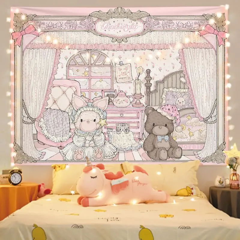 VIKAMAGoodnight Goodnight Rabbit Bear Bedroom Tapestry Cute Pet Cartoon Background Cloth Warm Tapestry Room Decoration