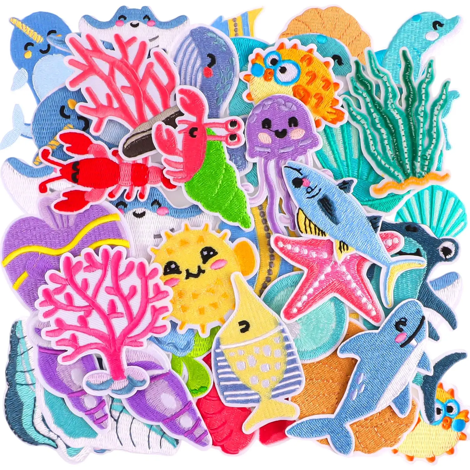 Set mit Meeres-Tier-Fisch-Aufnähern zum Aufbügeln/Aufnähen, bestickte Applikationen, Ozean-Strand-Dekoration für Kleidung, Hüte, Taschen, Jeans, Kleider, Hemden