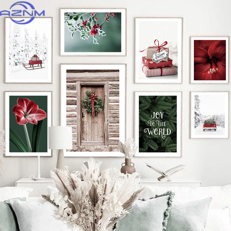 Póster nórdico de Navidad con diseño de trineo, amarilis rojo, nieve y pino, para puerta, arte de pared, impresión en lienzo, cuadros decorativos para sala de estar