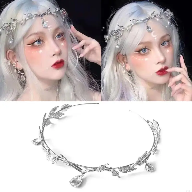 P0RF Model Show Headband with Silver Leaves Decorations Baroque Headband for Bride Bling Headband for Wedding Party