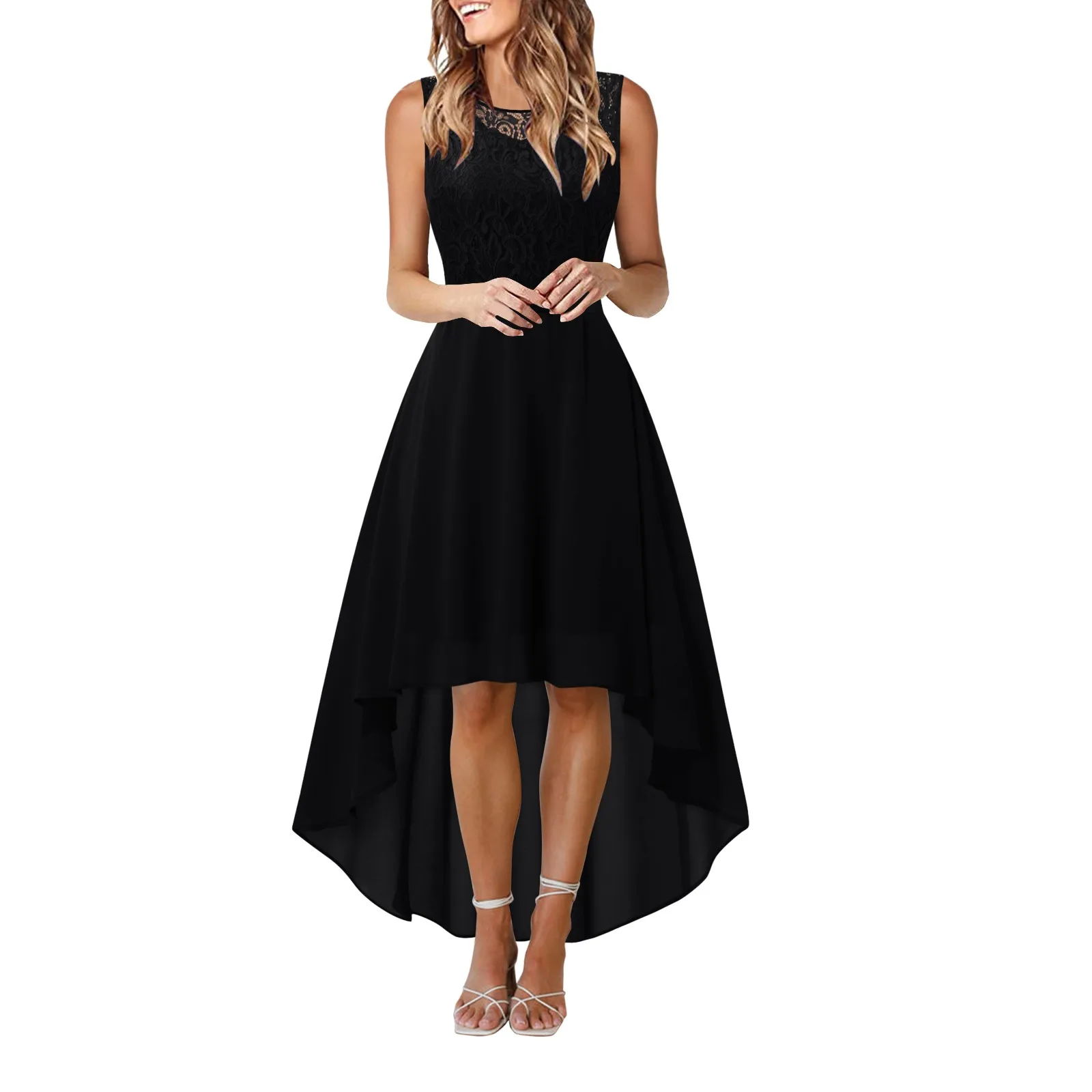 Fancy Dress For Adults Fashion Solid Color Sleeveless Crew Neck Lace Embroidery A-Line Hi-lo Black Dress Elegant Prom Dresses