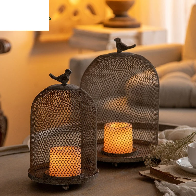 American wrought iron grid bird cage ornament B & B creative hollow candlestick ornament European retro nostalgic candlestick