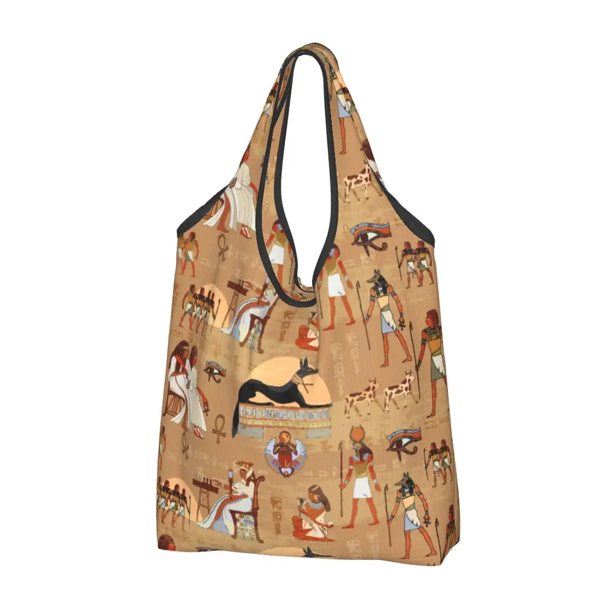 

Mural Ancient Egypt Reusable Shopping Grocery Bags Foldable 50LB Weight Capacity Tote Bag with Pouch Eco-Friendly Washable