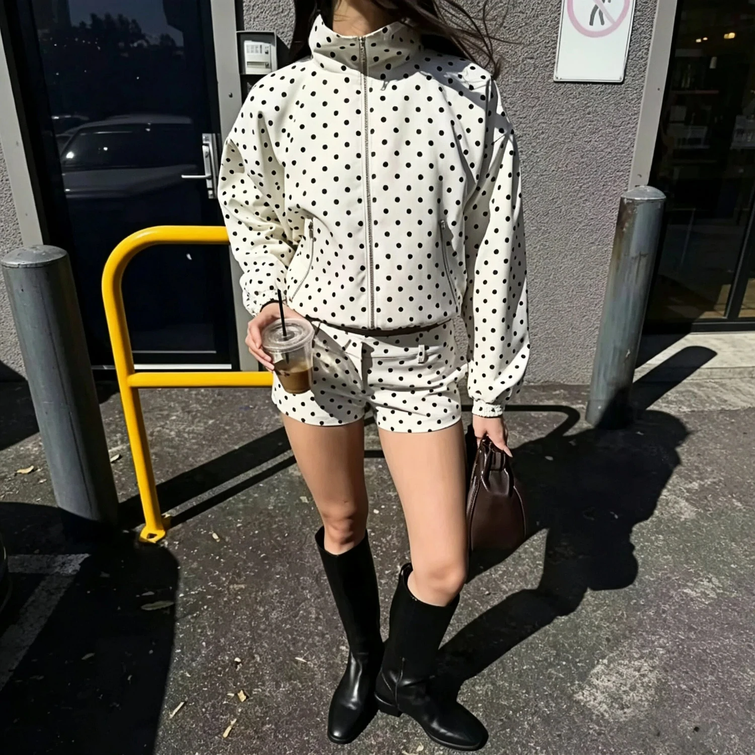 New Style 2026 Fall Polka Dot Funnel Neck Jacket for Women Zip Up Long Sleeve Loose Casual Vintage Streetwear Jacket