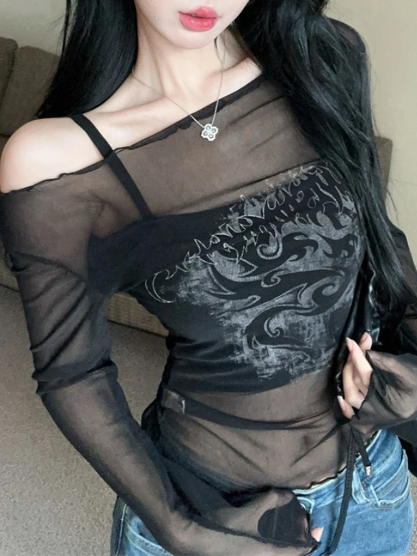 

Women's Casual Gauze T-Shirt Autumn Long Sleeve off Shoulder Cover-Up Sleeveless Square Neck Tanks Daily Wear