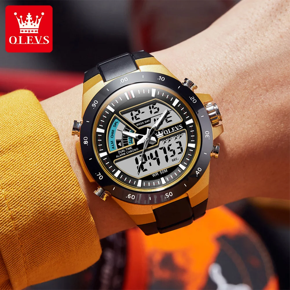 OLEVS 1110 Fashion Men Sports Electronic Watch 2023 New Dual Display LED Waterproof G Luminous Vibration Clock Mens Watches