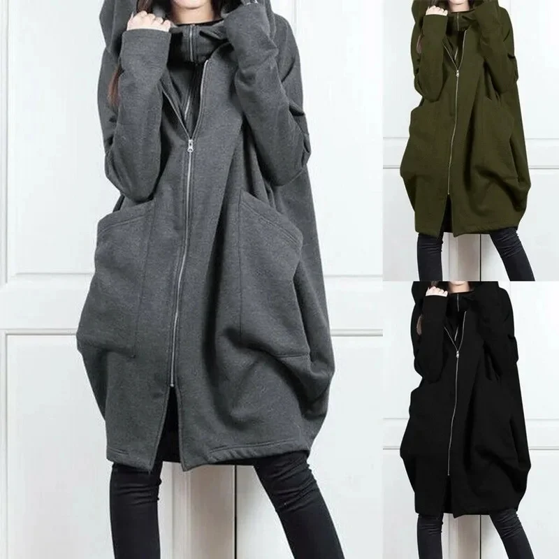 2023 Autumn/Winter New Loose and Warm Women Personalized Street Zipper Hooded Long and Plush Sweater Loose Over Knee Extra Long