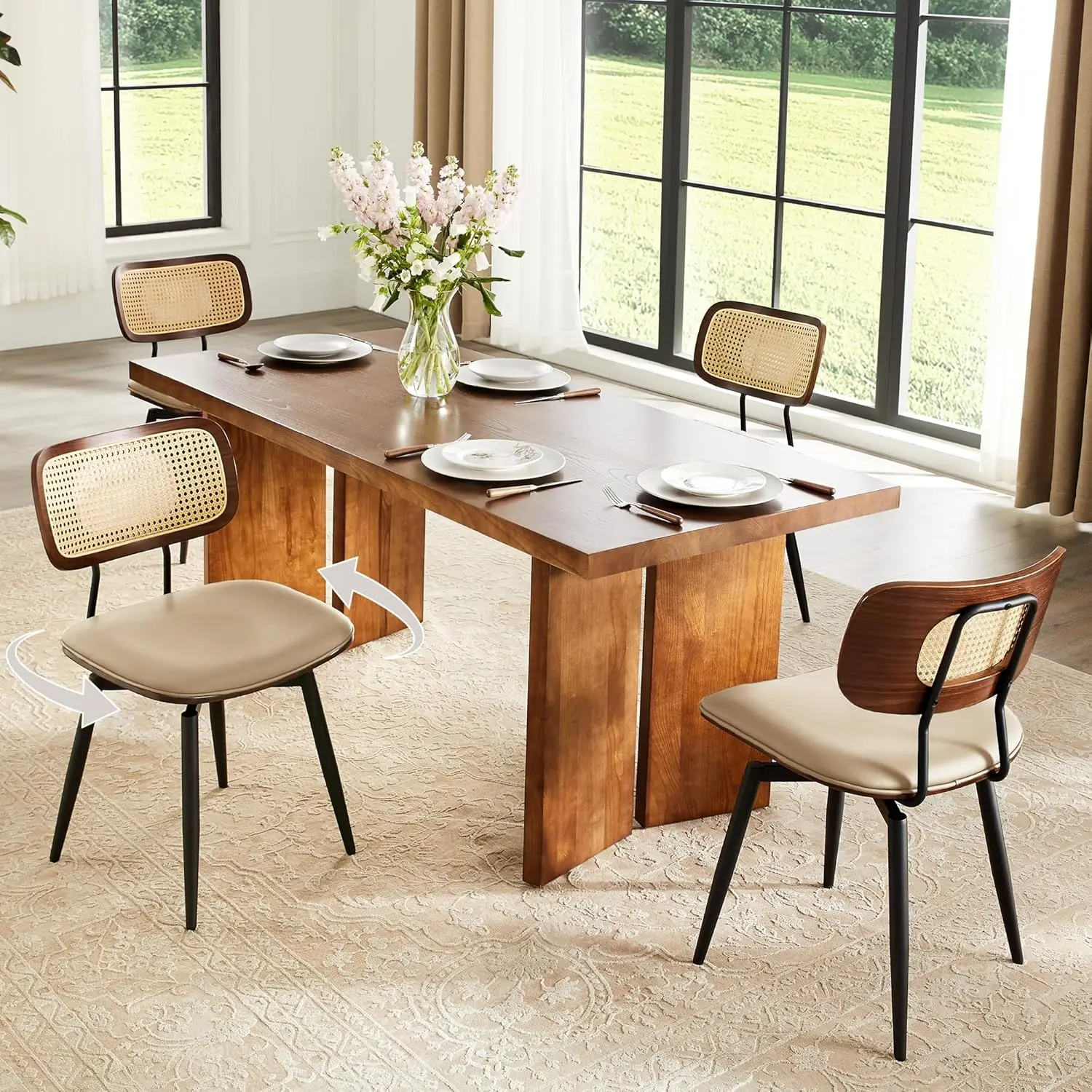 

Вращающиеся обеденные стулья с ротанговой спинкой, обеденные стулья из ротанговой кожи с вращающимися металлическими ножками, в стиле середины века, на заказ