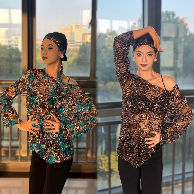 haut-de-danse-de-salon-en-maille-a-epaules-inclinees-pour-femmes-manches-longues-leopard-hauts-de-danse-latine-pour-adultes-vetements-d'entrainement-de-danse-latine-sl14453