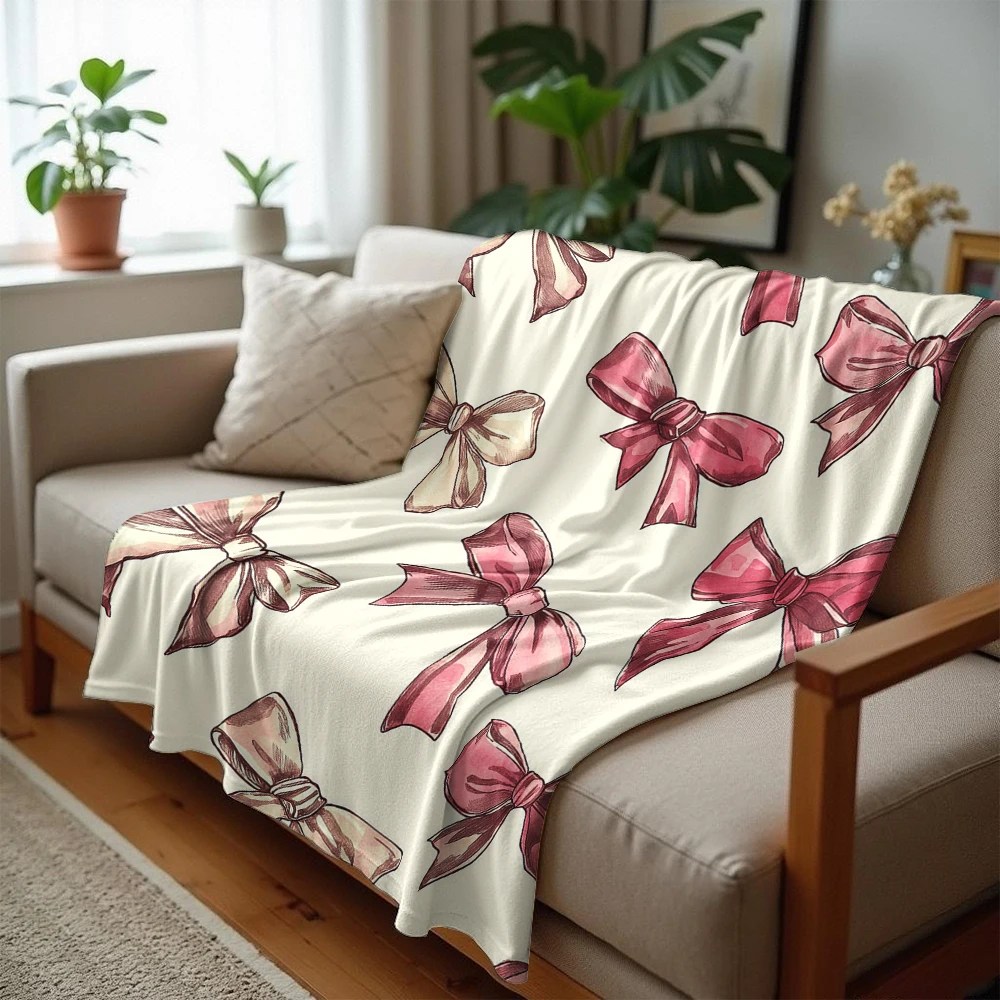 Blush-Tone Watercolor Bow Lightweight Microfiber Soft Christmas Fleece Blanket Warm Cozy Throw for Bed Office Travel All Season