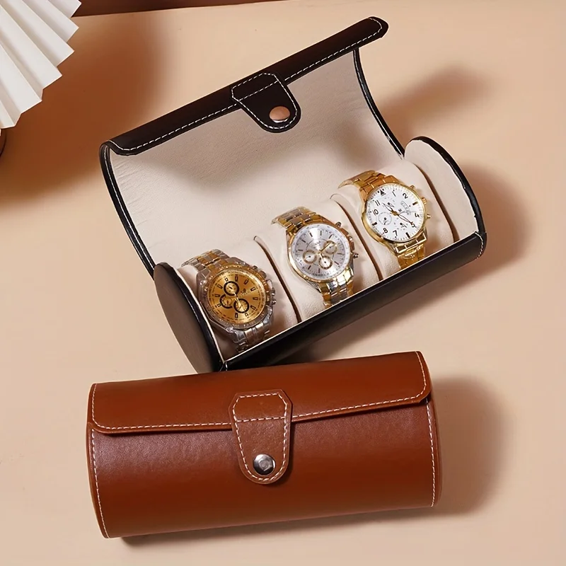 Portable Cylinder Watch Storage Box, 3-digit PU Leather Round Case, Convenient Snap Fastener, Ideal for Traveling