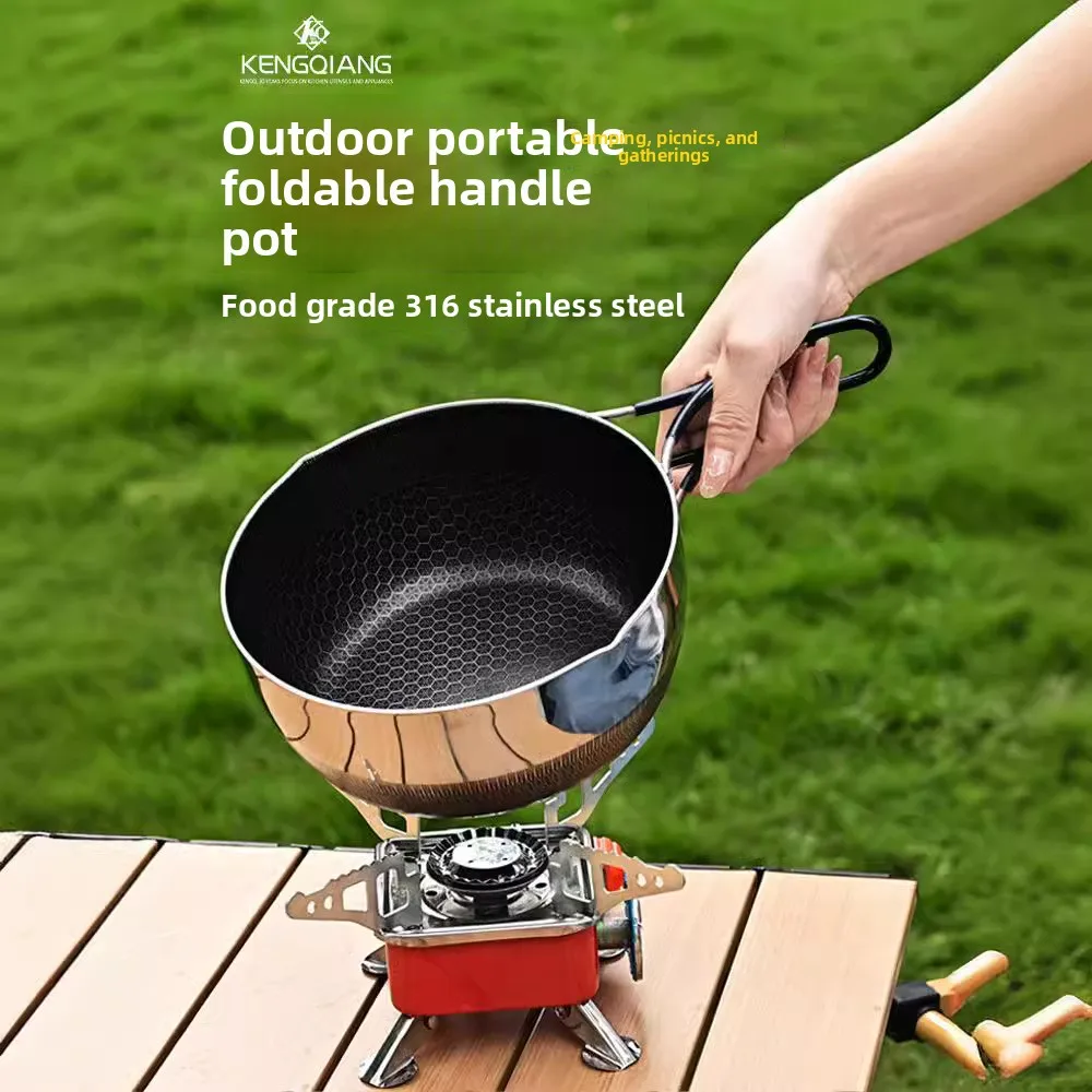 Outdoor 316 Stainless Steel Folding Pot Camping Portable Frying Pan Soup Pot Household Picnic Pot 2-piece Set