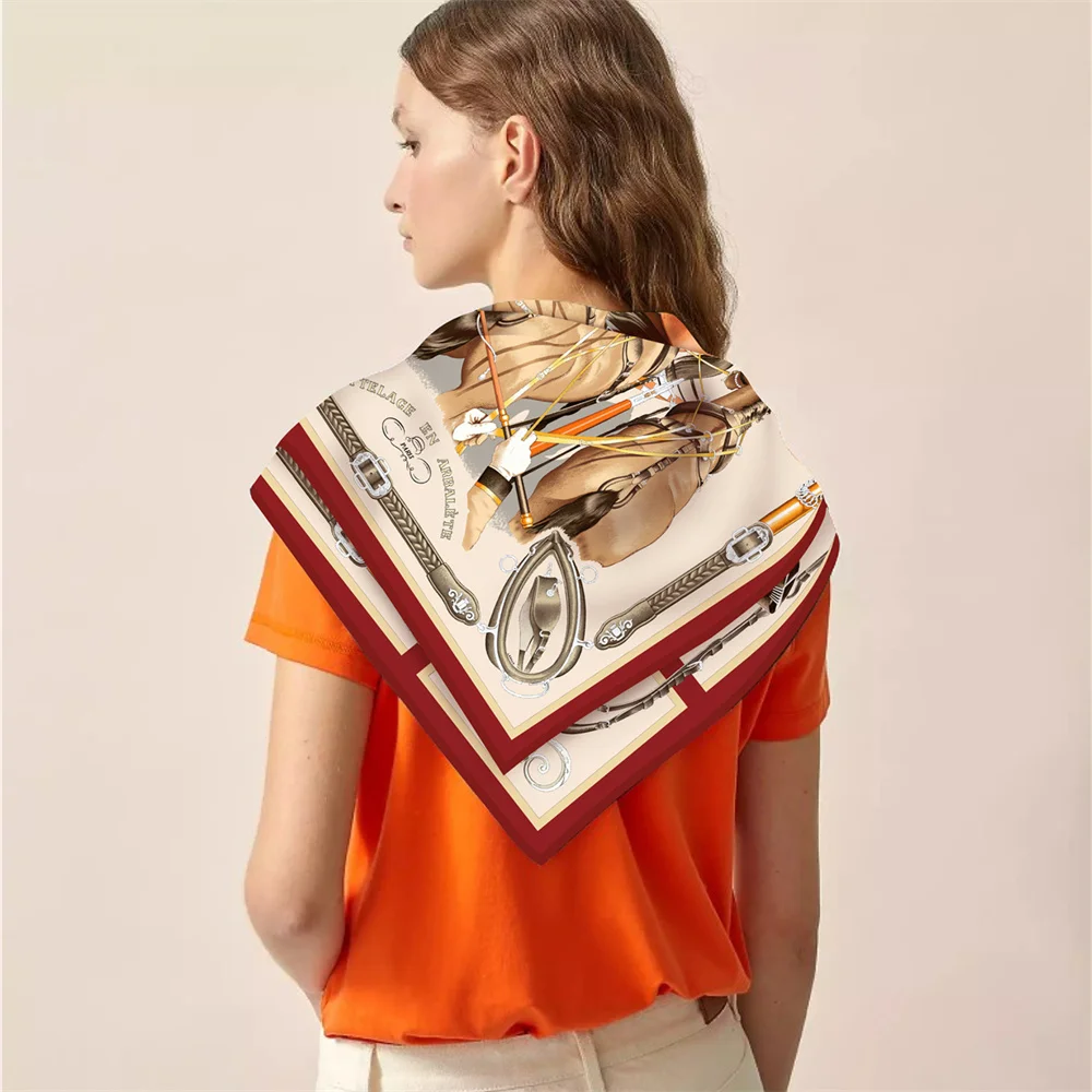 Lenço de seda feminino cavalo impresso lenços quadrados cabeça echarpes foulards de seda femme envolve praia xales bandana senhora hijabs 90cm