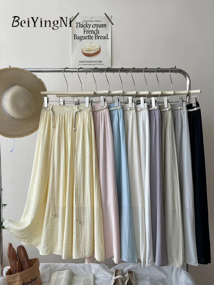 

Beiyingni Women's Long A-line Skirt Sashes Casual Retro Style High Waist Lining Skirts Female Plain All-match Slim Faldas Jupes
