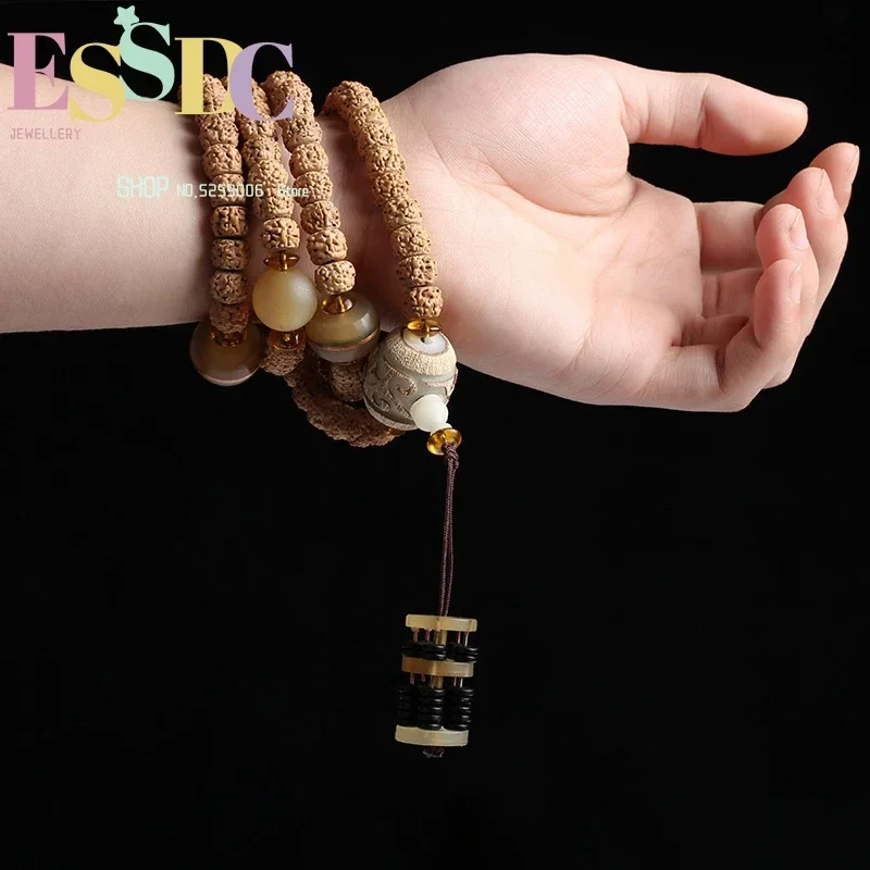 

High Quality Natural Five Petal Exploded Stripes Rudraksha 108 Bodhi Beads Prayer Bracelet Sheep Horn Charm Hand String Dropship