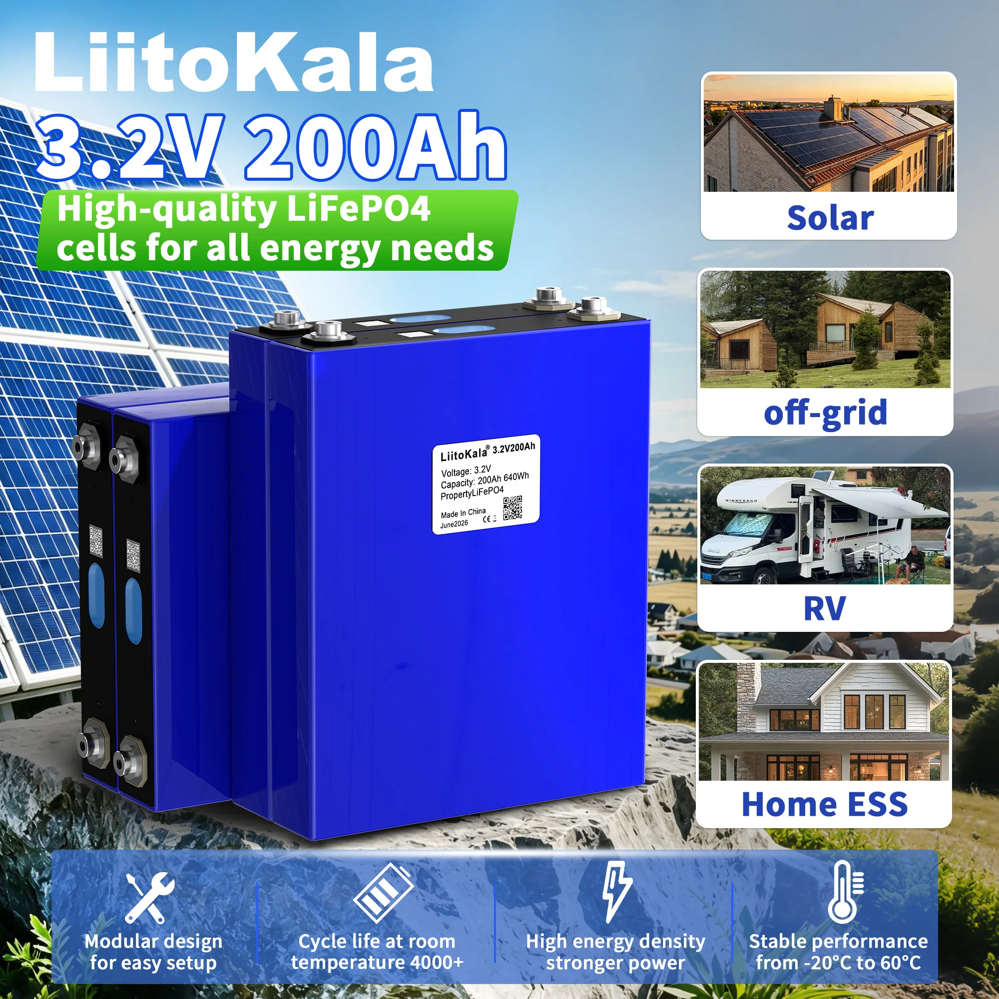 LiitoKala 3.2V 200Ah LiFePO4 Battery M6 Thread 4000+ Cycles Prismatic Lithium Iron Phosphate Battery for Solar RV Energy Storage