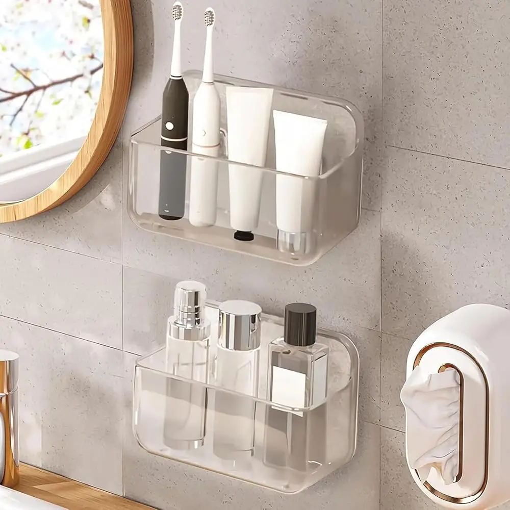 

2Pc Acrylic Wall Mount Organizer, Acrylic Adhesive Organizer, Clear Shelf, Bathroom Shelves For Wall,No Drilling Hang