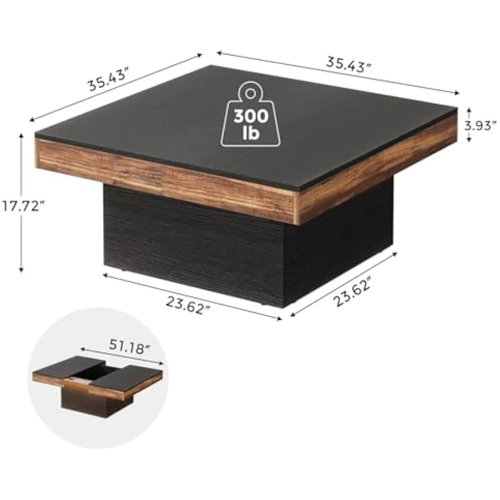Mesa de centro quadrada com luz LED, mesa de centro LED moderna de 35 polegadas com armazenamento, mesa de centro de madeira para sala de estar, grande Cockta