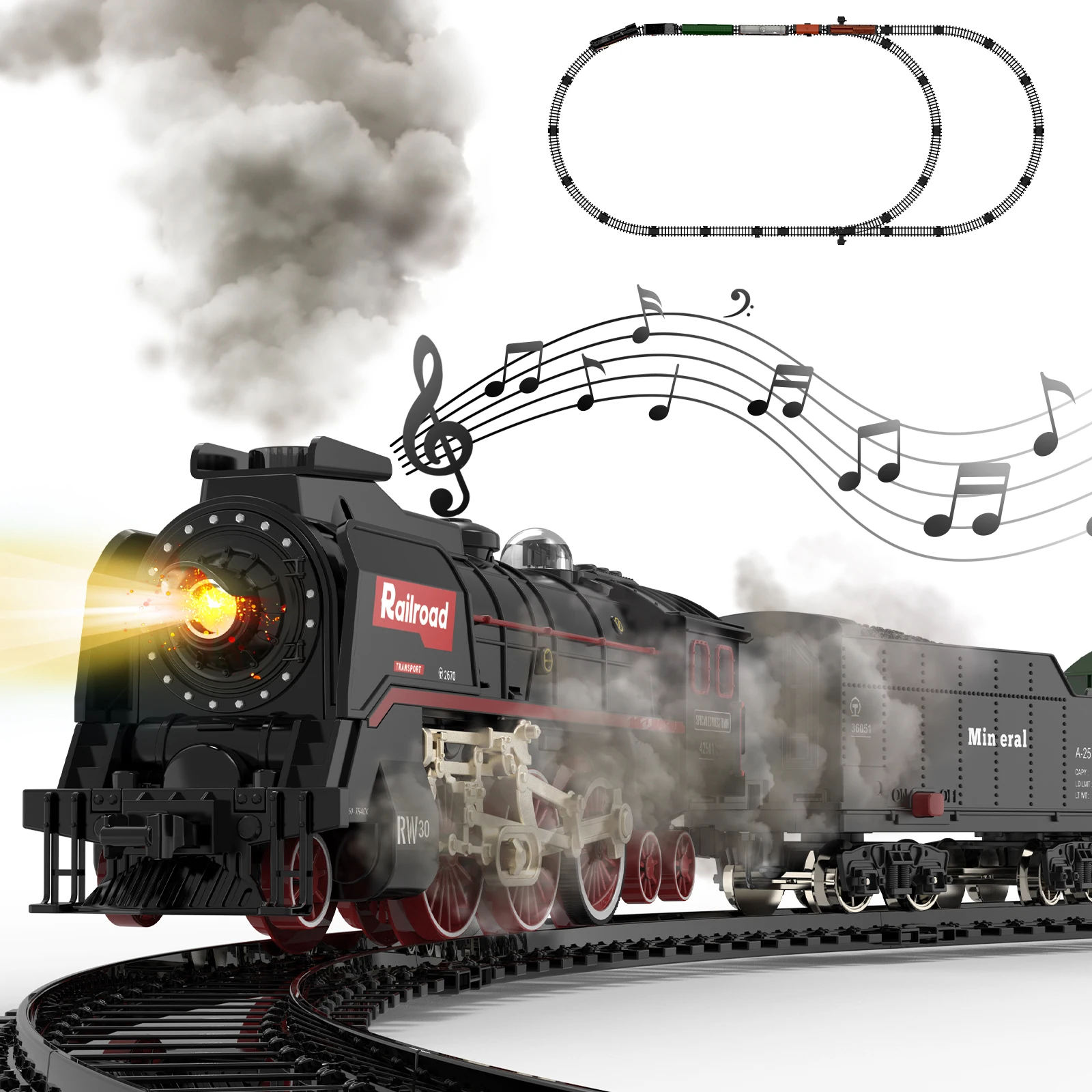 Retro Steam Train Track Toy Set with Smokes,Lights, Sound,Tracks,Electric Toy Train with Locomotive Engine,Cargo Cars and Tracks