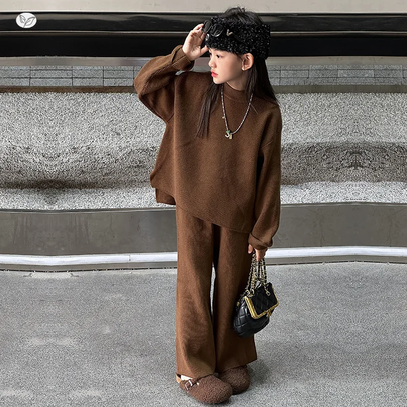 

Girls' Autumn Winter New Coffee Color Woven Top Wide-Leg Pants Two-Piece Set